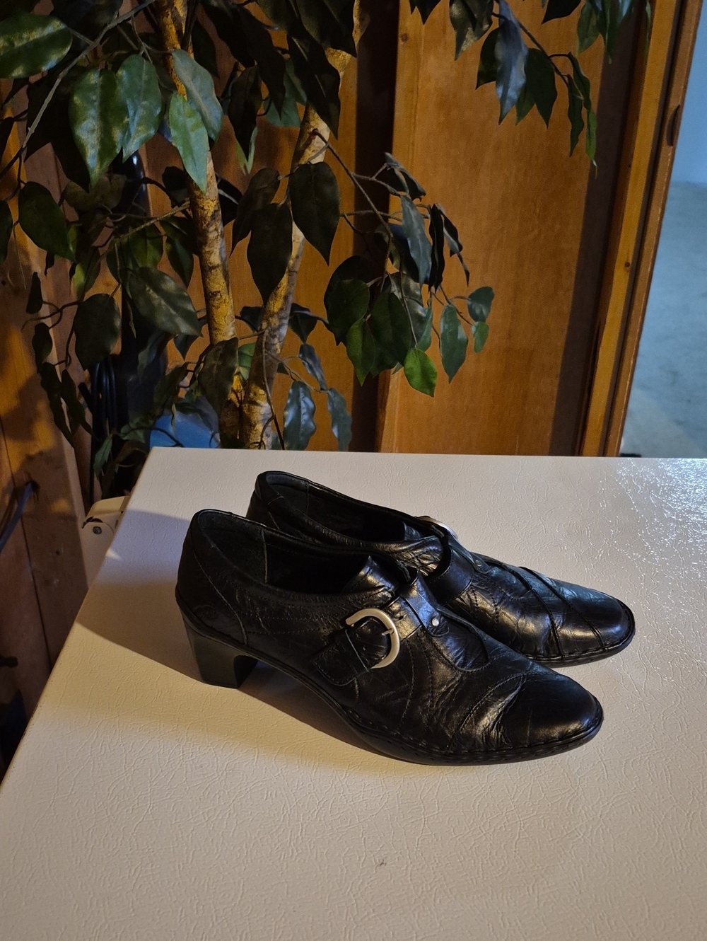 Josef Seibel Black Leather Slip-On Loafers with Silver Buckle